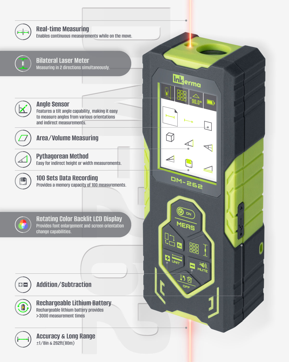 Inkerma Bilateral Laser Distance Meter DM-262 (262ft/ 80m)